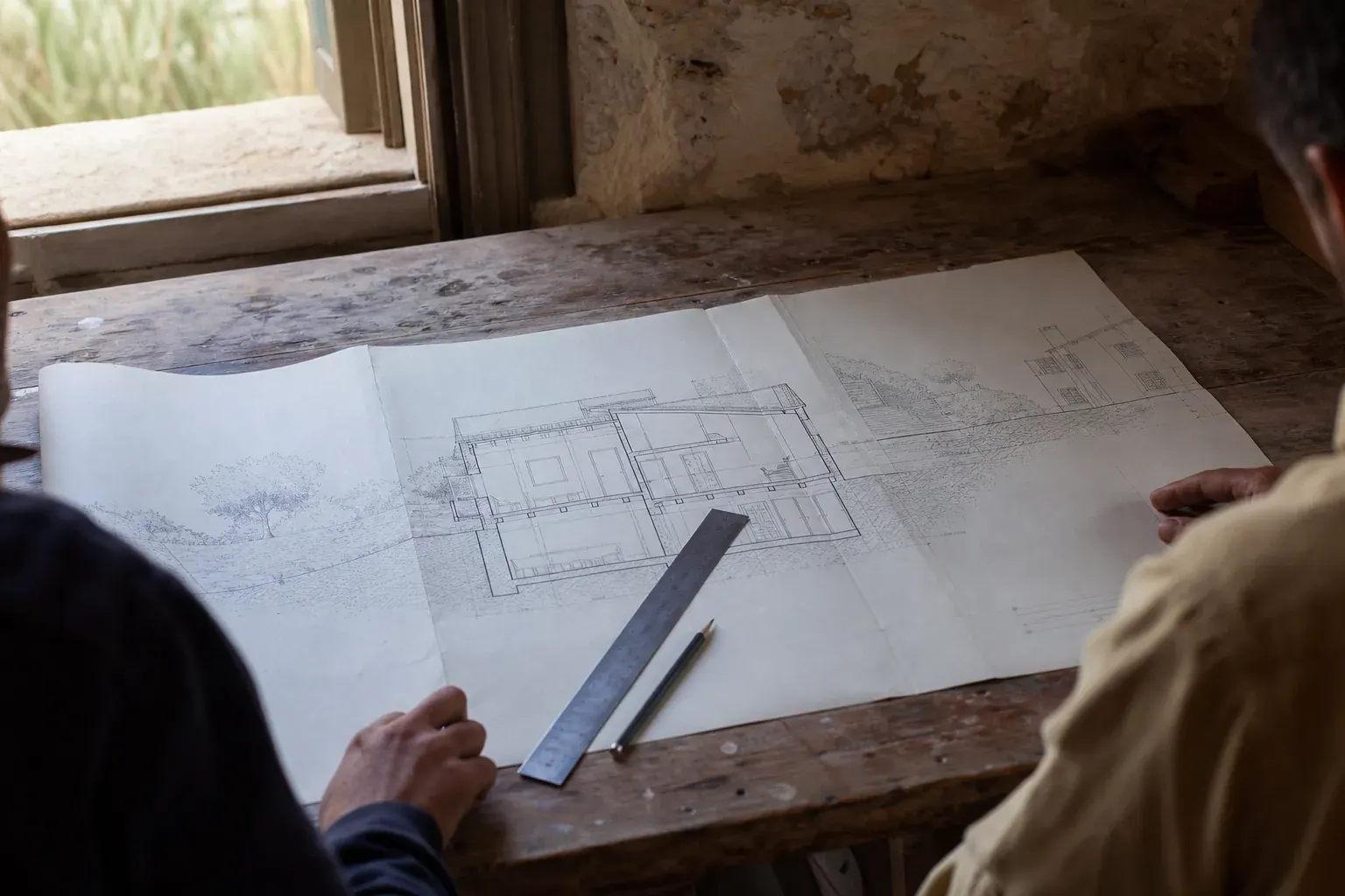 Plan de maison déroulé sur une table de travail, avec règle graduée et crayon posés sur la coupe