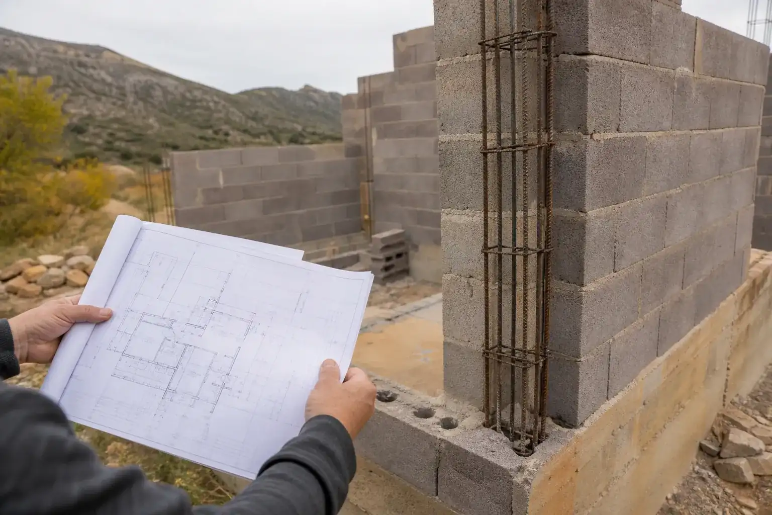Relevé de chantier sur un gros œuvre en cours, plans tenus à hauteur de poitrine devant des murs porteurs bruts